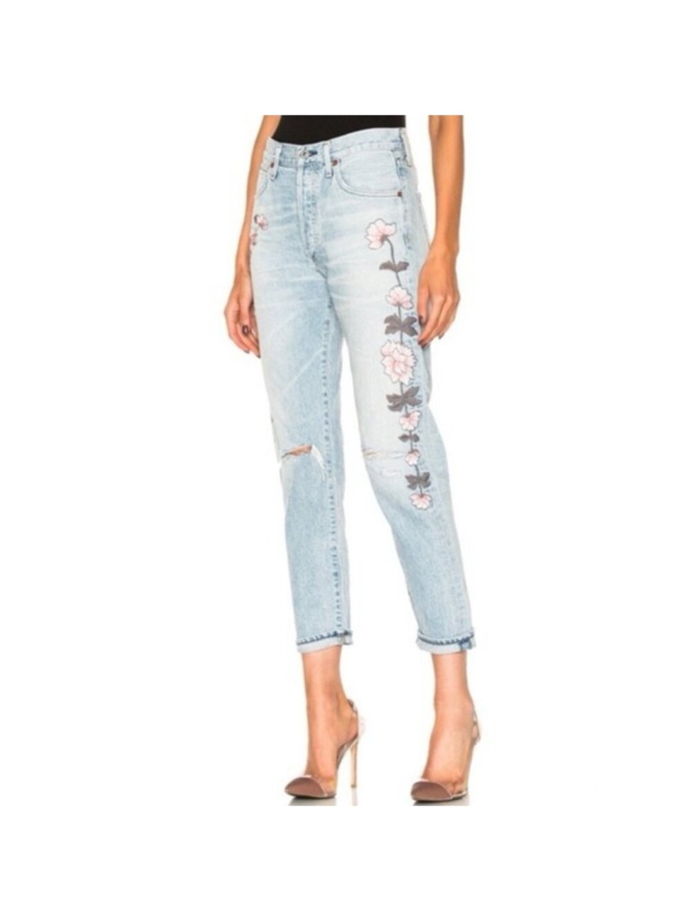 Citizen of Humanity Light Blue Denim Jeans with Pink Floral Embroidery